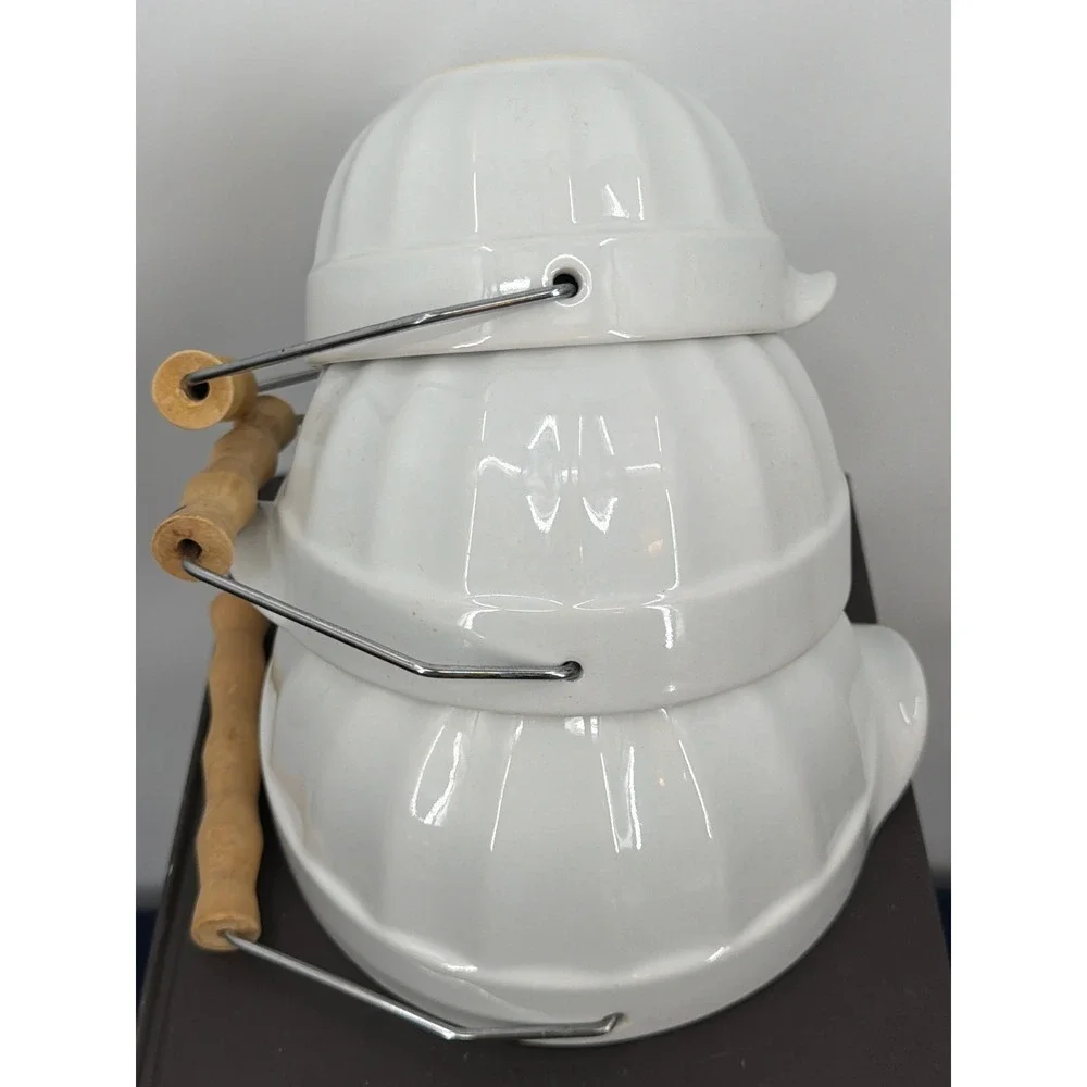 White Ceramic Nesting Batter Bowl Set 3pc Fluted Farmhouse Wood Handle Spout